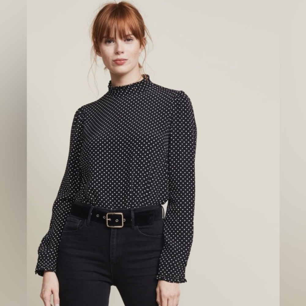 Three Dots polka dot ruffle neck top
